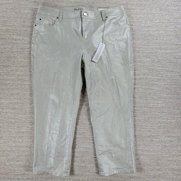 Chicos Platinum Girlfriend Coated Jeans Womens 10/M Silver Metallic Glitter New - Picture 2 of 10